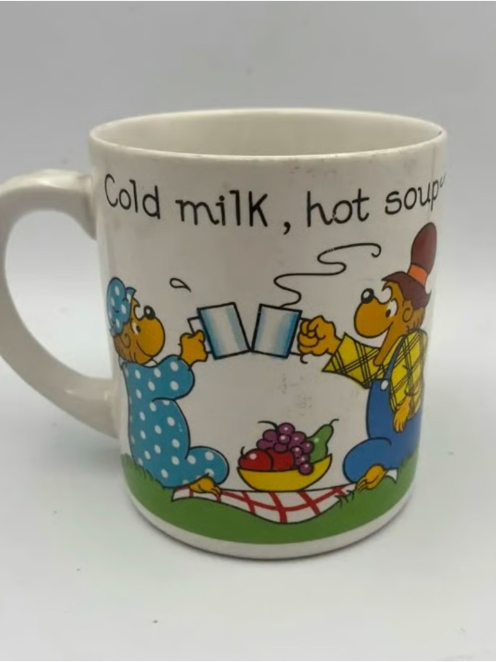 Vintage Cartoon Picnic Ceramic Mug - White with Blue and Yellow Artwork